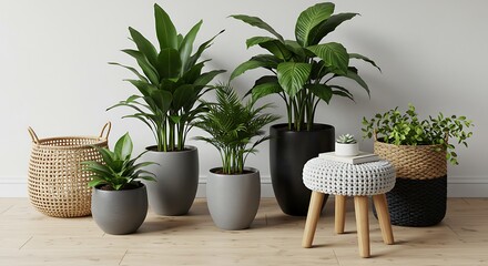 A beautiful collection of various houseplants in stylish pots and woven baskets creating a fresh, green home interior decor concept on a wooden floor