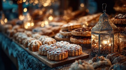 Obraz premium Delicious holiday treats displayed at a festive market during the evening