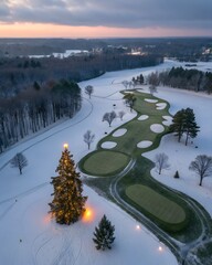 Aerial View of a Snow-Covered Golf Course with a Christmas Tree at Twilight