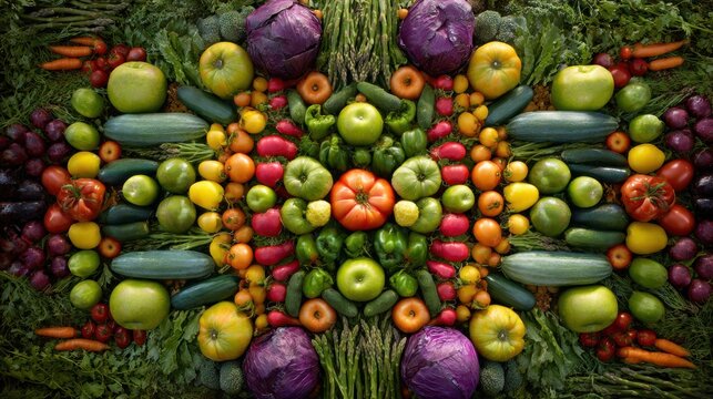 Symmetrical mandala pattern created from fresh colorful vegetables and fruits arranged in a vibrant kaleidoscope design on dark background