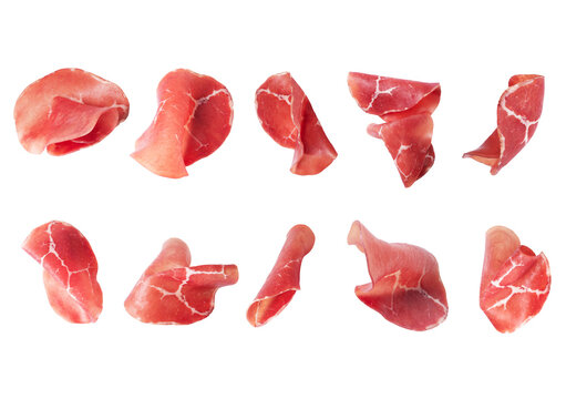 Set of fresh prosciutto ham slices isolated on transparent background