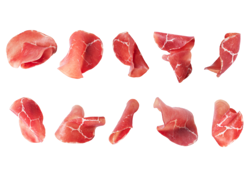 Set of fresh prosciutto ham slices isolated on transparent background