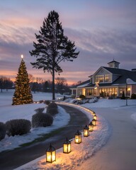 Winter evening with festive lights and snow at a lodge.
