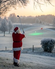 Santa Claus plays golf on a frosty winter morning.
