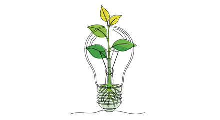 Lightbulb with plant growing inside continuous line art filled with green and yellow, innovative mood, eco idea and green innovation concept, with copy space