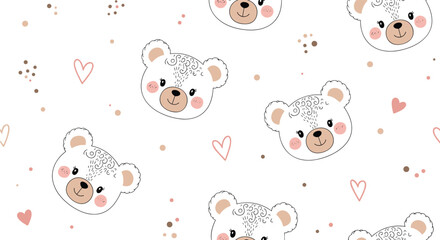 Fototapeta premium A charming seamless pattern featuring adorable teddy bear faces and delicate hearts perfect for baby shower decorations and nursery textiles.
