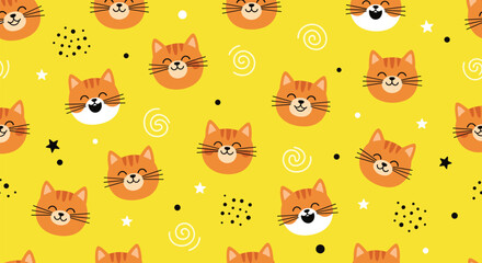 Fototapeta premium Cute orange cat faces with happy expressions on a bright yellow background with stars and confetti.