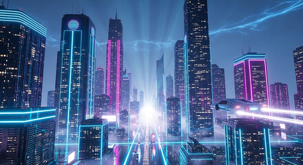 Futuristic cityscape with neon lights and flying car, envision the future of urban life with this stunning, dynamic scene perfect for sci-fi and technology projects