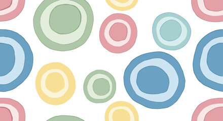 A whimsical collection of concentric circles in a soft pastel color palette creating a cheerful and playful abstract pattern.