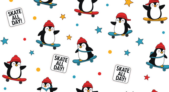 Cute cartoon penguins wearing red caps skateboarding and having fun all day long surrounded by colorful stars and dots.