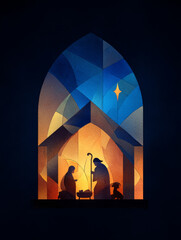 A minimalist, glowing stained glass nativity scene in silhouette, with Mary Joseph shepherd baby Jesus under a simple star of Bethlehem stable, holy night with soft warm gradient of deep blue and gold