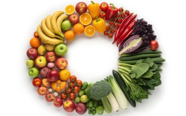 Colorful assortment of fresh fruits and vegetables arranged in a circle food healthy