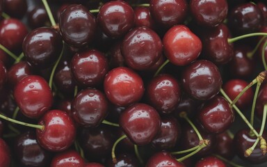 Close up overhead shot of fresh ripe red cherries with water droplets cherry fruit