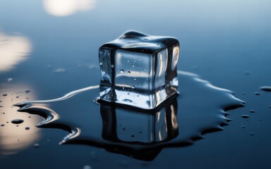Single ice cube melting on dark reflective surface with water droplets liquid