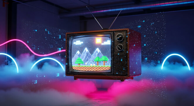 Retro TV displaying pixel art landscape brings nostalgic gaming vibes with vibrant neon accents, perfect for tech blogs, vintage culture promotions, and creative design projects