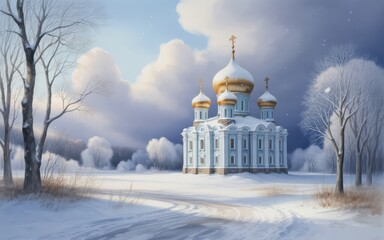 Watercolor painting of a light blue church with golden domes in a snowy winter landscape image