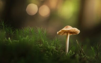 Single tan mushroom stands tall in green moss with soft bokeh background fungus forest