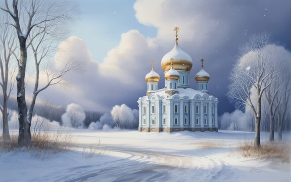 Watercolor painting of a light blue church with golden domes in a snowy winter landscape image