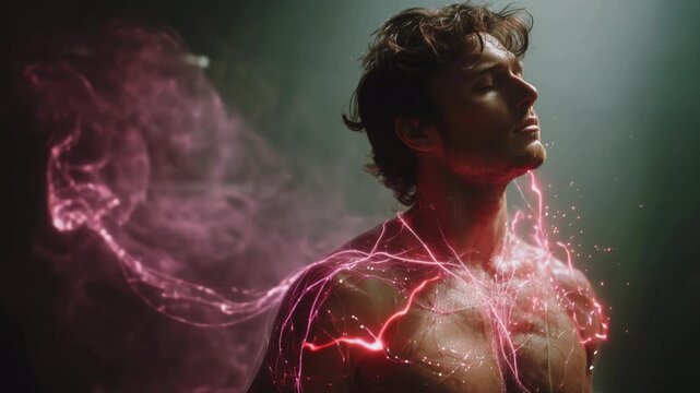 Powerful shirtless man with closed eyes concentrating as glowing pink magical energy flows through his muscular body, representing spiritual awakening, superpowers, and inner strength
