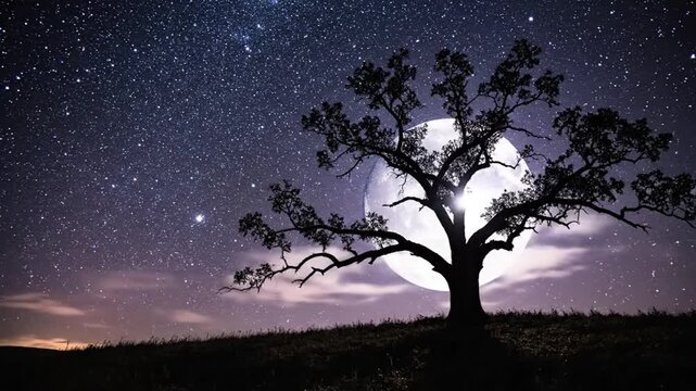 Silhouette of a large tree in the night sky with stars and a full moon in background