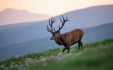 Majestic stag with large antlers walks across a grassy hillside at dawn deer animal