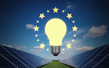 Glowing lightbulb surrounded by stars above solar panels and green field energy