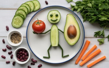 A whimsical plate depicts a stick figure made of vegetables holding a tomato and avocado food cucumber