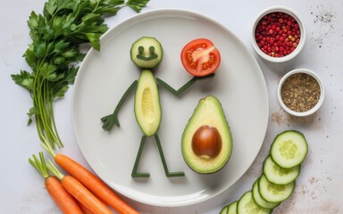 Whimsical avocado figure holding tomato on plate with vegetables and spices cucumber carrot
