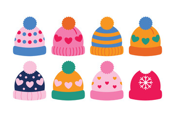 winter hats set featuring modern wool caps, knitted beanies, and stylish cold-weather accessories, presented as flat vector illustrations isolated on white for fashion, seasonal design, and apparel 