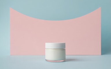 White cream jar with white lid on pastel blue surface and pink backdrop cosmetic skincare