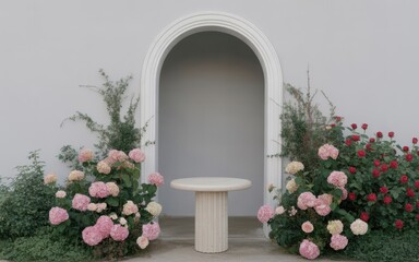 White arched doorway frames round pedestal surrounded by pink hydrangeas and red roses table