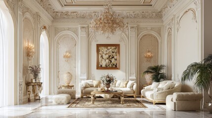 baroque living room or reception hall with ivory white walls and intricate gold trim. Features antique furniture, a crystal chandelier, and large arched windows, conveying classic luxury.