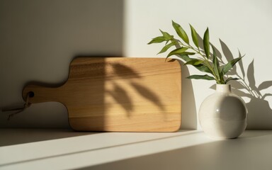 Wooden cutting board with green plant in ceramic vase casting shadows handle twine
