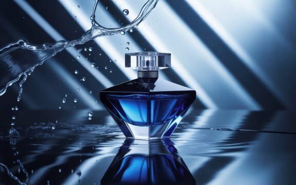 Blue geometric perfume bottle with water splash and reflections glass liquid