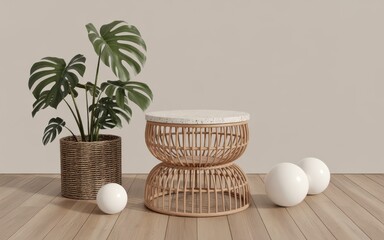 Monstera plant in woven pot beside rattan side table and white spheres green leaves