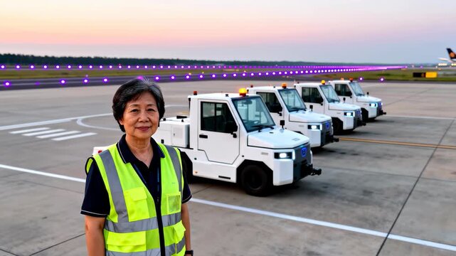 Older Asian female airport ground crew worker in a safety vest stands in front of a line of modern tow tractors at dawn