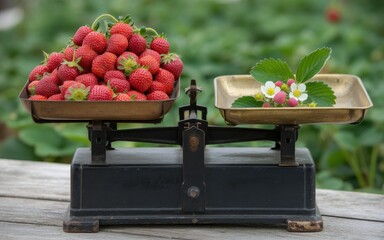 Vintage black scale with brass pans holding strawberries and blossoms antique