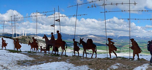 Monumento al peregrino en el Alto del Perdón con nieve