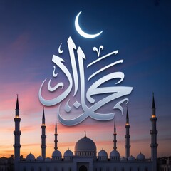 Glowing Eid Mubarak calligraphy over mosque minarets at sunset arabic islam
