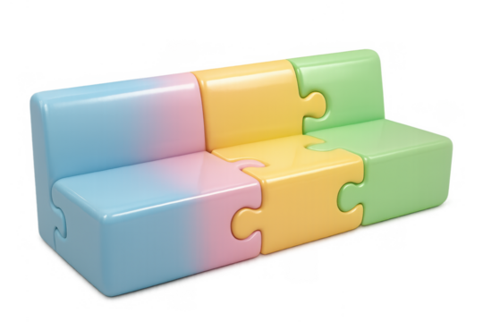 Puzzle piece couch forming a modular sofa, symbolizing collaboration, teamwork, and connected solutions on transparent background