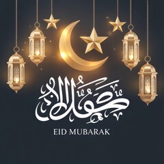 Golden crescent moon stars and lanterns with Eid Mubarak calligraphy arabic islamic