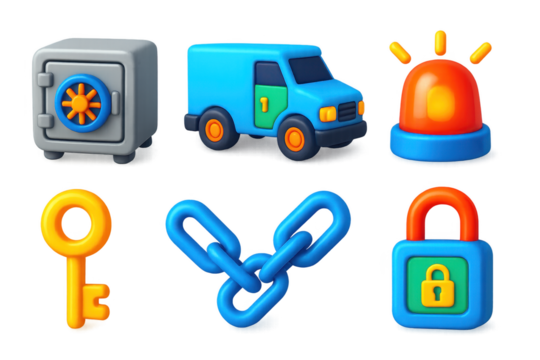 3D Financial Security Icons. 3D icon set of financial security: locked vault, armored truck, alarm siren, key, chain, digital