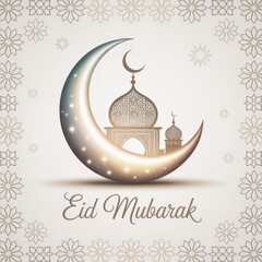 Golden crescent moon with mosque and Eid Mubarak text on decorative background islam muslim