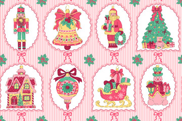 Retro Christmas pattern. Seamless design with bows, Christmas tree, sleigh, bell, bauble, Santa Claus, nutcracker, gingerbread house, snowman. Pink and green and white colors. Vintage ornaments.
