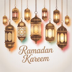 Ramadan Kareem greeting card with hanging ornate lanterns and calligraphy image