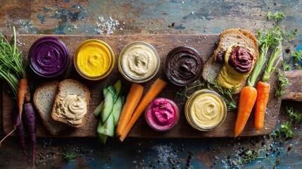 Colorful vegetable hummus dips in glass jars on rustic wooden board with fresh carrots, cucumber, bread and herbs. Healthy rainbow spread platter for vegan snacking