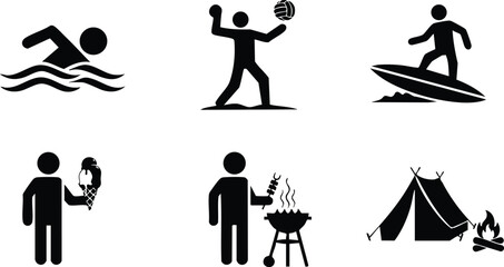 Outdoor activities collection with swimming volleyball surfing ice cream barbecue camping vector icons 