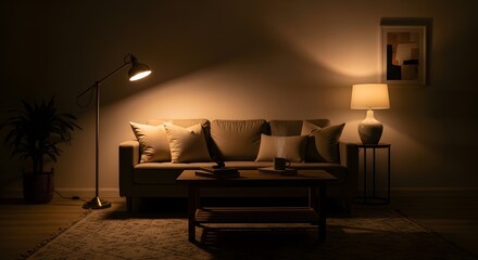 Night Lighting Atmosphere, Cozy living room at night lit only by a floor lamp.