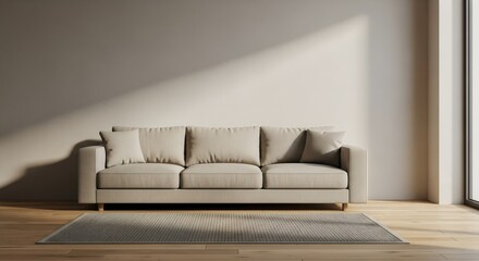 Modern beige sofa against a large empty wall in a living room, wooden floor, simple rug, sunlight casting soft shadows, perfect mockup space for artwork or posters, realistic 3D render.