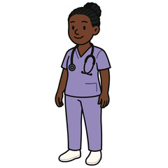 Fototapeta premium Illustration of a smiling african american female nurse with a stethoscope, wearing purple scrubs, standing